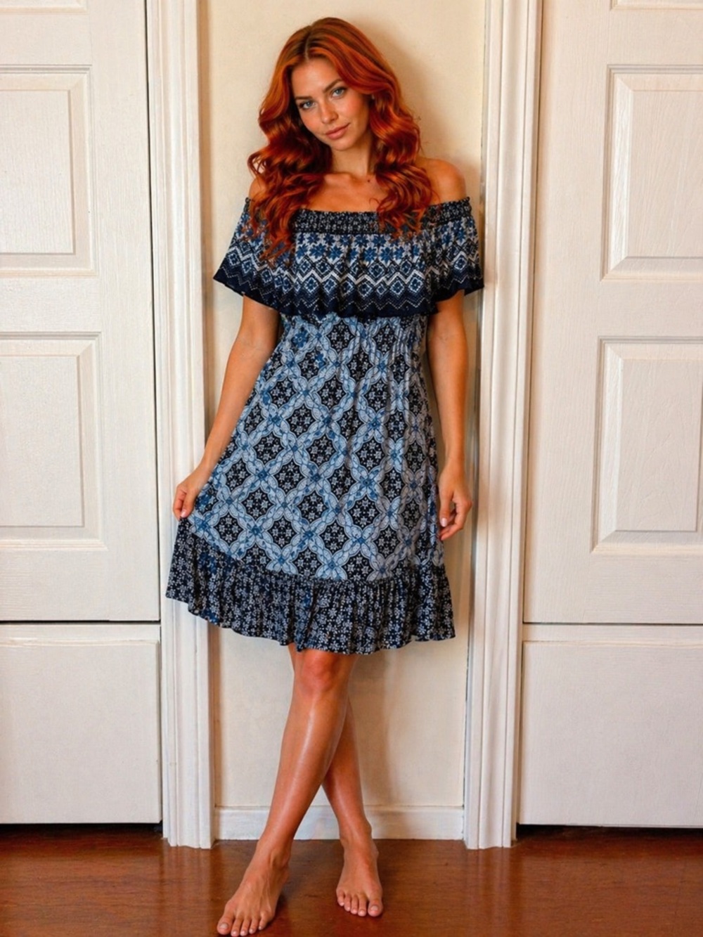 Aeropostale Blue and Black Off-Shoulder Mini Dress